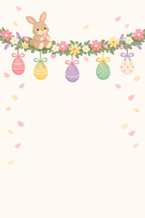Obraz premium Cute Easter Bunny Sitting on Floral Garland With Hanging Eggs Banner