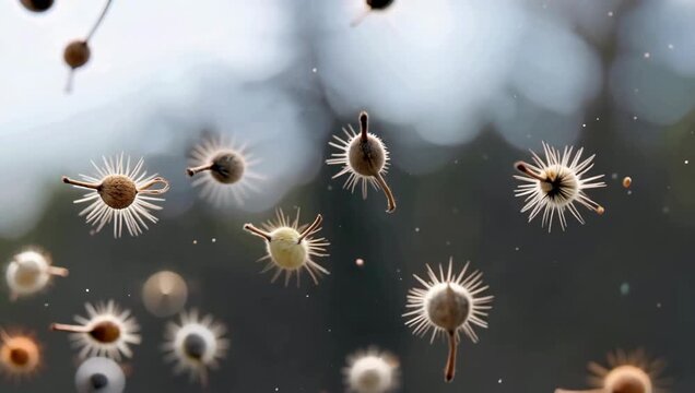 Close-up view of dandelion seeds floating in the air against blurred background.