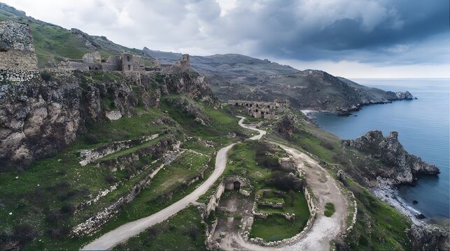 Ancient coastal ruins along a winding road offer serene travel inspiration bathed in soft light