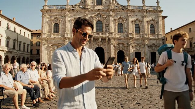 Tourist using smartphone in italian city square with baroque architecture and crowds of people relaxing on benches and strolling