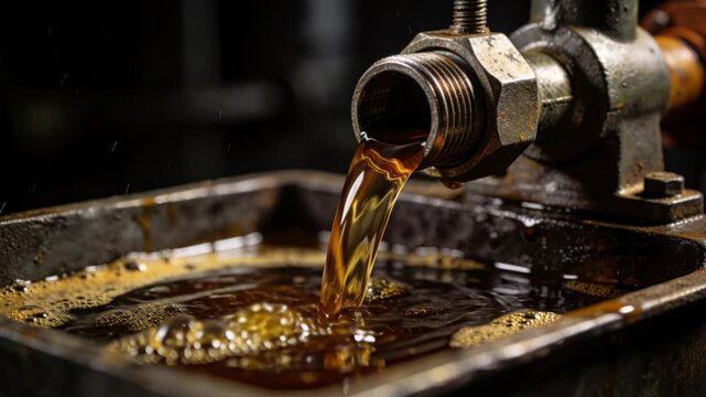 Crude oil price flowing from metal pipe into container and basin with liquid motion glossy reflection creating industrial texture