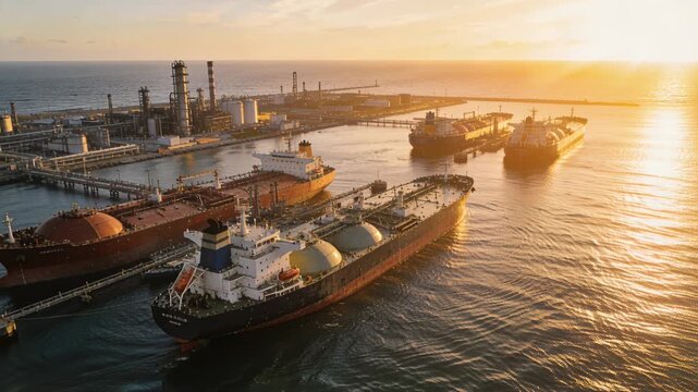 Crude oil price tanker ship sunset port transporting fuel between terminals industrial refinery skyline dramatic oil tanker