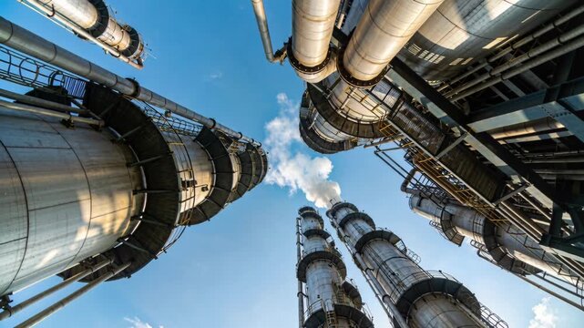Crude oil price refinery towers industrial plant sky steam pipe storage tank chimney metallic vertical distillation columns