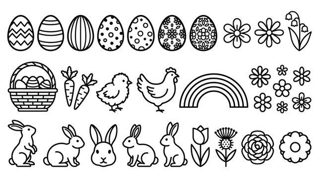 Easter line art icons with eggs, bunnies, flowers, and rainbow