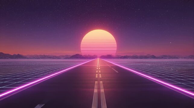 Retro futuristic highway leading toward a glowing sunset over calm water, creating a synthwave horizon background for vaporwave, gaming and sci fi motion visuals