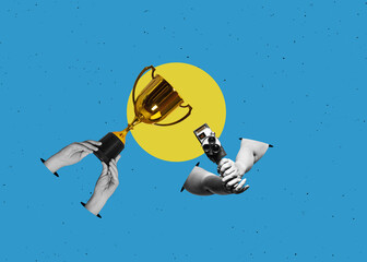 A hand holding retro film camera and award cup. Vintage cinema poster. Contemporary flat design art collage.