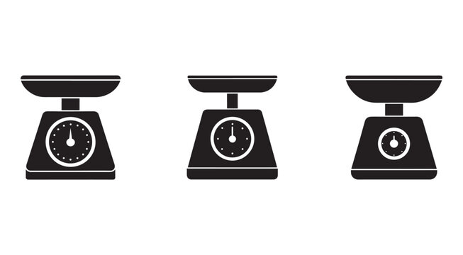 Three black kitchen scales with dials on white background for measuring weight in cooking and food preparation  accurate and simple design