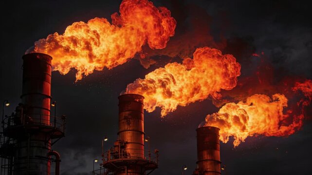 Crude oil price sparks towering industrial flare with fiery gas flame over refinery stacks night creating dramatic amber orange
