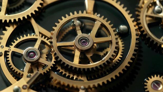 Close-up view of intricate golden clock gears in motion, mechanical details.