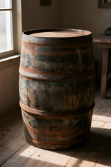 Fototapeta premium Rustic wooden barrel with weathered texture in a sunlit room 