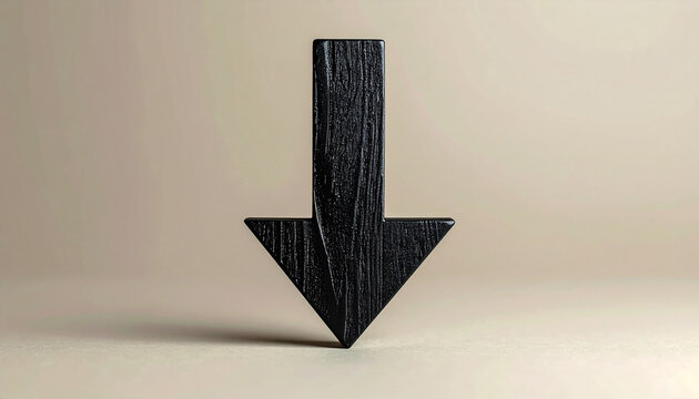 Black wooden arrow pointing downward. Business collapse, regression, economic decline, negative growth. Isolated