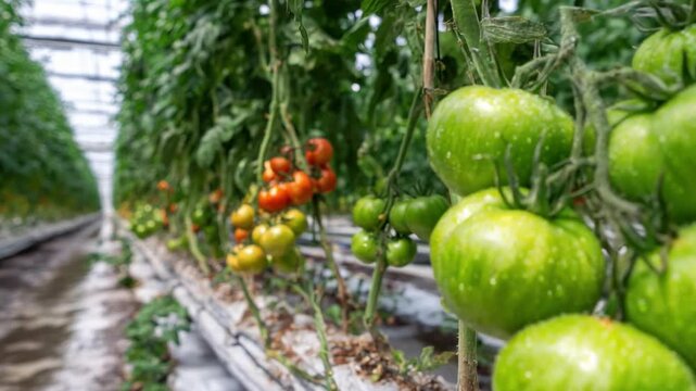 Tomato Farm Abundance: A captivating view of lush rows of ripening tomatoes in a thriving farm setting, capturing the essence of fresh produce and agricultural innovation.