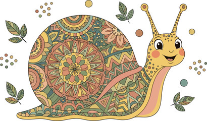 Decorative mandala snail with floral patterns cute ornamental animal boho folk style vector illustration isolated background © MSTFarjana