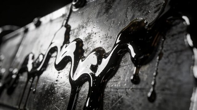 Crude oil price slick dark glossy black liquid flowing metal surface with reflective sheen and dramatic lighting conveying