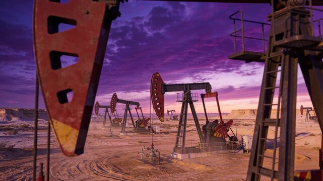 Crude oil price decline impacts desert oilfield pumpjack and pump jack landscape sunset with purple sky evoking industrial mood