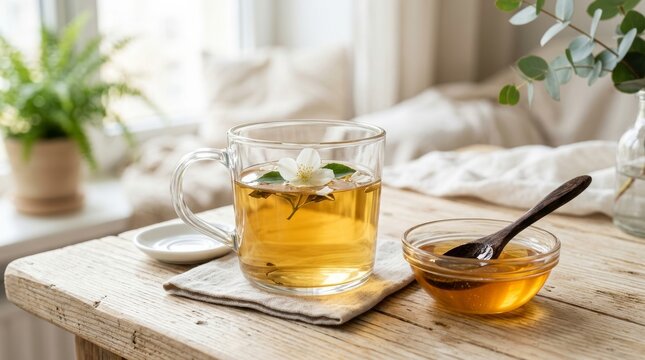 A glass cup of hot herbal jasmine tea with a floating flower and a bowl of fresh honey on a rustic wooden table in a bright, cozy room setting.
