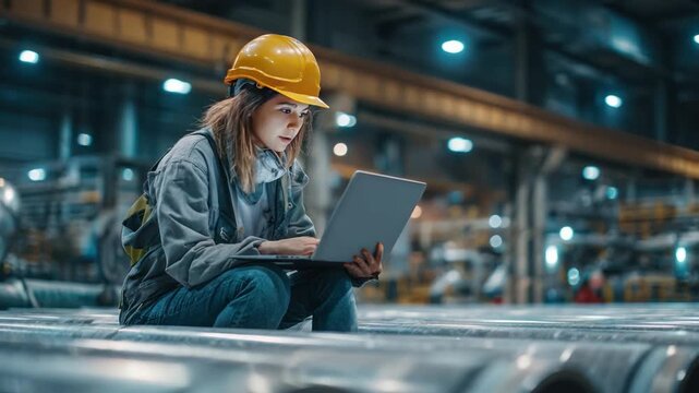 Focused Female Engineer at Factory: A focused female engineer, clad in a safety helmet, works diligently on a laptop within a large industrial factory setting, showcasing expertise and dedication.