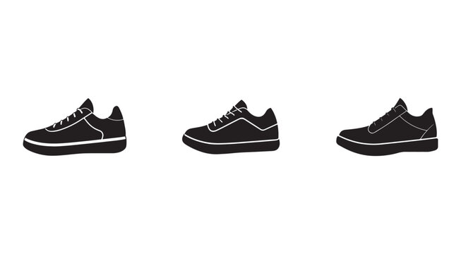 Three black sneakers side view with white soles and laces on white background  athletic footwear icons