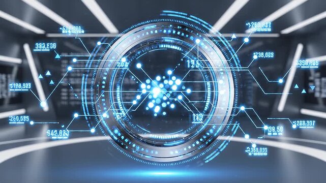 Futuristic technology interface with glowing blue lights and circuits.