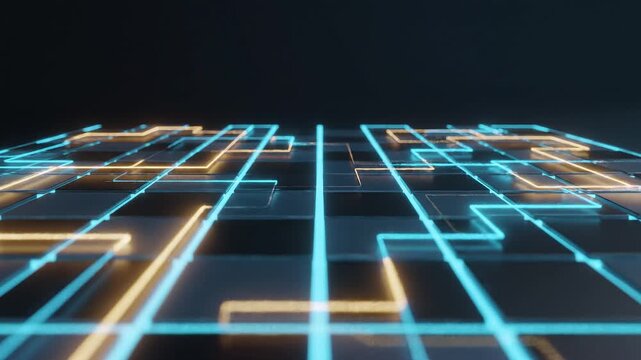 Glowing blue and orange circuit board pattern.