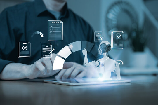 AI technology concept, Document data Management, Executive's select Human Resource man hand and robot hand working together AI trading and data analysis in investment and financial