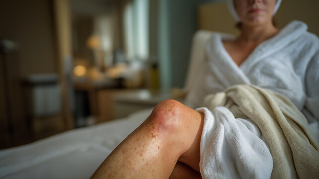 An individual recovering from jet lag enjoys a moment of respite in their hotel room, the setting emphasizes rest with travel essentials scattered around, pointing to the need for recovery after