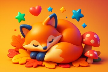 Fototapeta premium Cute curled fox sleeping on autumn leaves with colorful stars, mushrooms, and hearts on a warm orange background in creative cartoon style. Ai generative