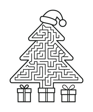 Vector of a christmas tree maze with santa hat and presents