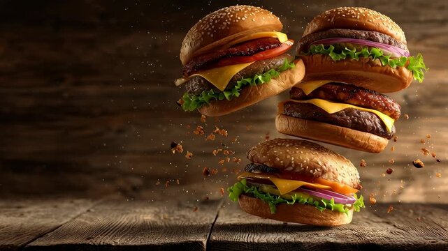 Burger cheeseburger fast food flying falling rustic wood delicious stacked meat gourmet burger