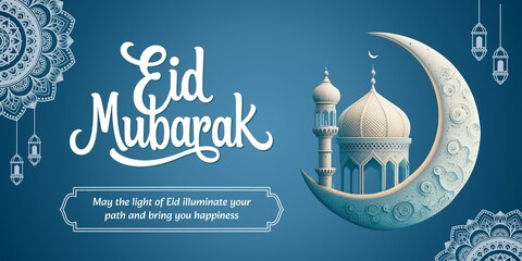 Eid Mubarak greeting card background with mosque silhouette and decorative vintage design illustration © zahirulislam1996