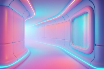 Fototapeta premium Futuristic neon-lit corridor with smooth curved architecture and glowing pastel lights in blue and pink shades on a misty background. Ai generative