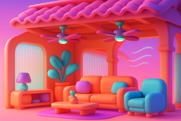 Naklejka premium Vibrant colorful outdoor patio with cozy furniture, tropical plants, and fans under tiled roof in surreal dreamy architectural background scene. Ai generative