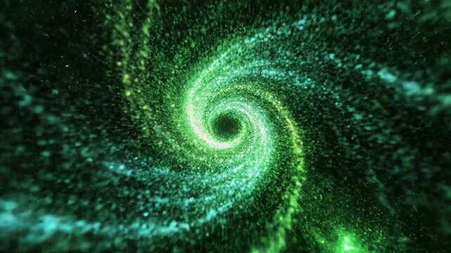 Futuristic green and blue particles swirl in an abstract cosmic vortex.