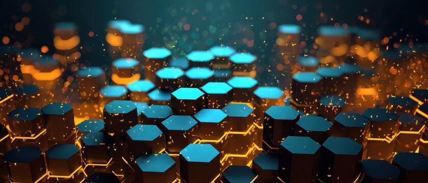 Abstract background hexagon pattern with glowing lights, generative AI art for tech concepts, futuristic interfaces, or cyber themes, luminous grid.