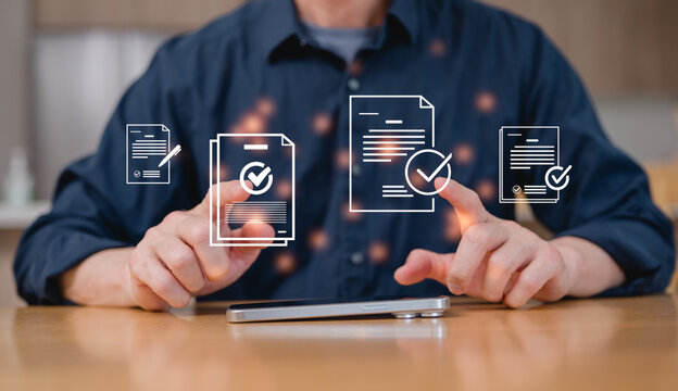 Businessman present virtual screen in concept of practices and policies , procedure company articles of association Terms and Conditions compliance rules and law regulation policy