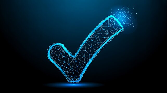 Digital glowing checkmark icon isolated on dark background