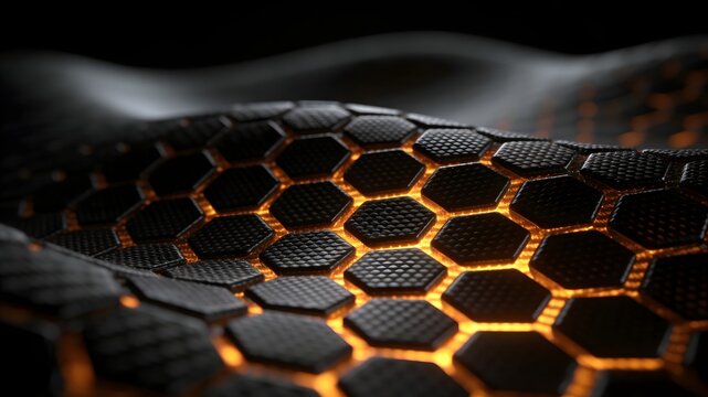 Abstract matte black hexagonal smart fabric with amber glow
