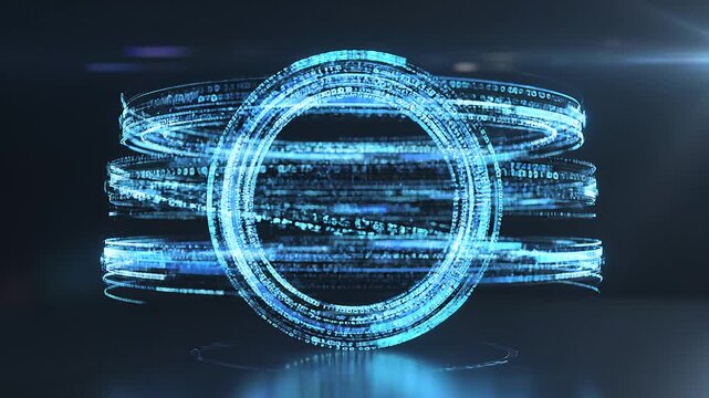 Glowing blue digital circle with binary code.