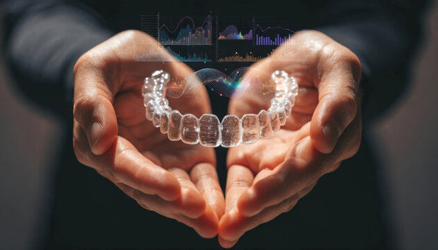 Clear dental technology clear aligner held in hands showing innovation and care