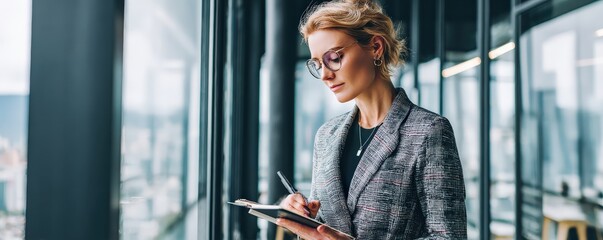 A professional woman in glasses and a blazer writes notes on a clipboard while standing by a large window in a modern office building.