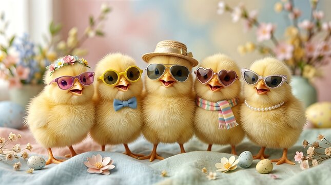 Adorable chicks wearing hats, sunglasses, and accessories on a colorful background.