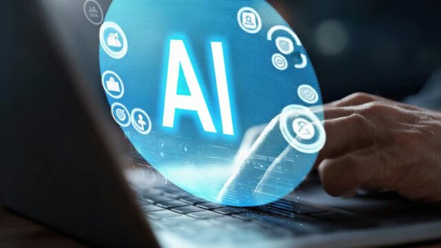 AI and Technology Fusion: A close-up view of a person using laptop, with the word AI overlaid on the scene, representing the seamless integration of artificial intelligence into modern technology.