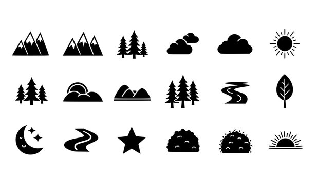 Minimalist nature icon set black vector mountains trees clouds sun symbols
