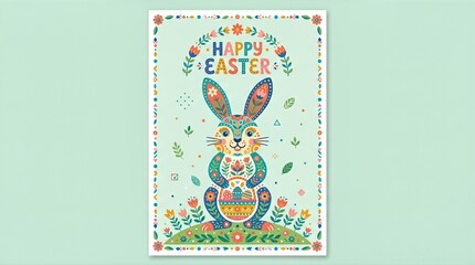 Vibrant Easter card featuring a decorative bunny with flowers and patterns, evoking joy.