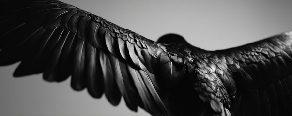 Fototapeta premium A close-up, black and white photo of a bird's outstretched wing displaying detailed feathers and textures.
