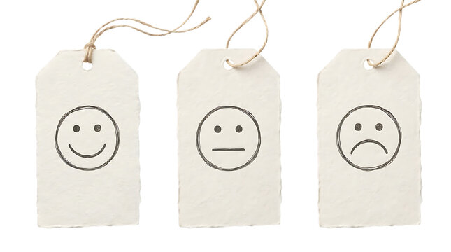 紙製タグに描かれた3段階の顧客満足度フェイスアイコン