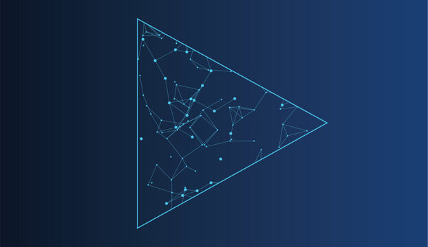 Geometric triangle filled with abstract network of interconnected digital nodes and lines.