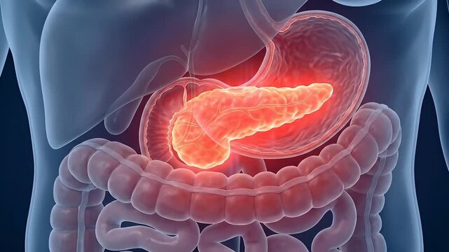 Inflamed pancreas within the human body, a medical concept illustrating acute pancreatic disease and digestive system disorders, showing significant internal organ pain