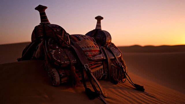 Abandoned camel saddles in desert sand.