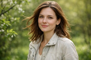 Fototapeta premium Young woman smiling while standing confidently amidst lush green foliage and blossoming trees, evoking feelings of natural beauty, cheerfulness, and serenity in an outdoor setting